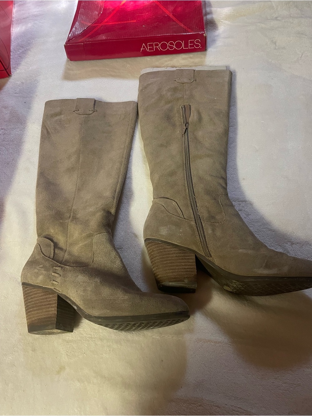 AEROSOLES Taupe Suede Mid-Calf Block Heel Boots
